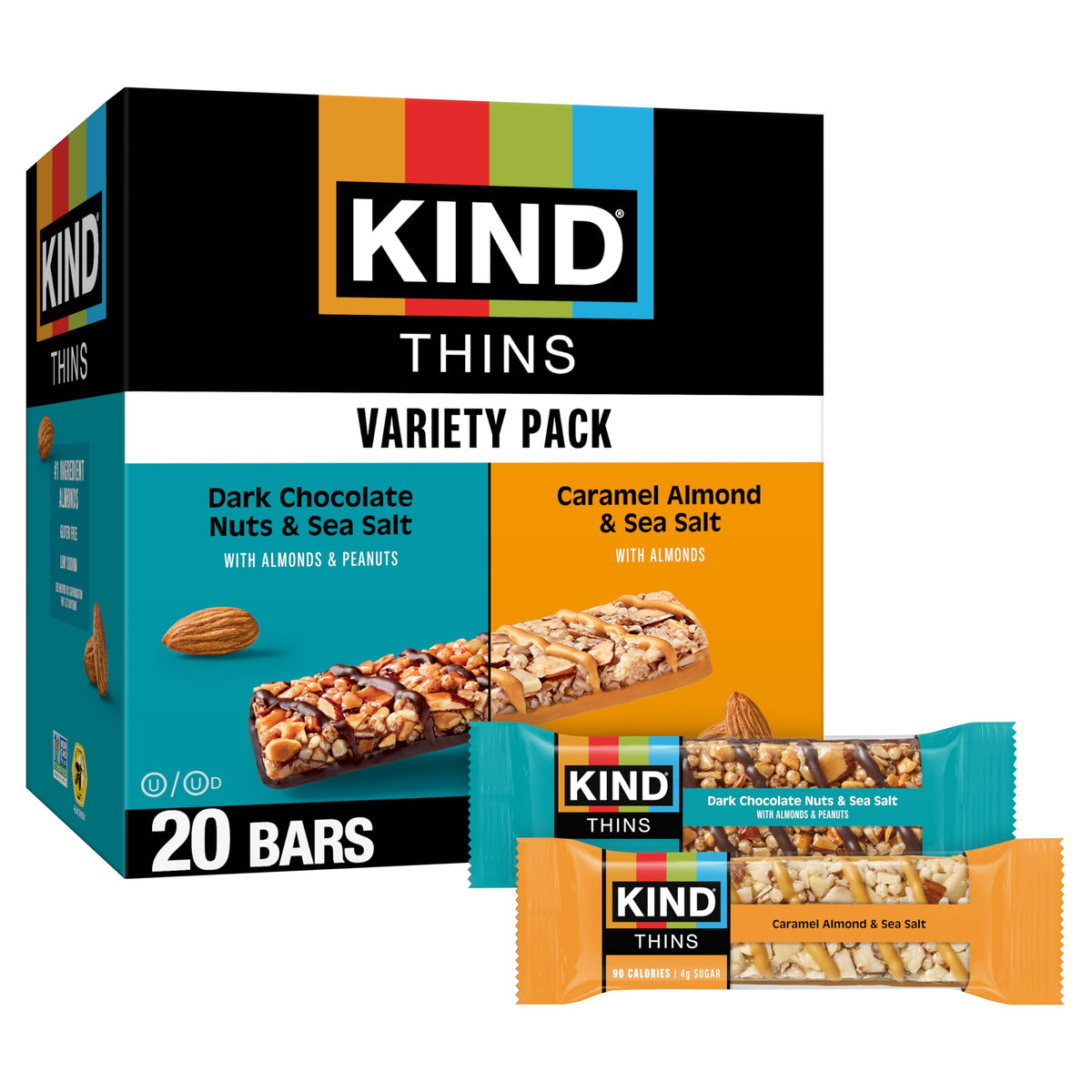 KIND Thins Caramel Almond & Sea Salt bars pack shows a convenient gluten-free snack option