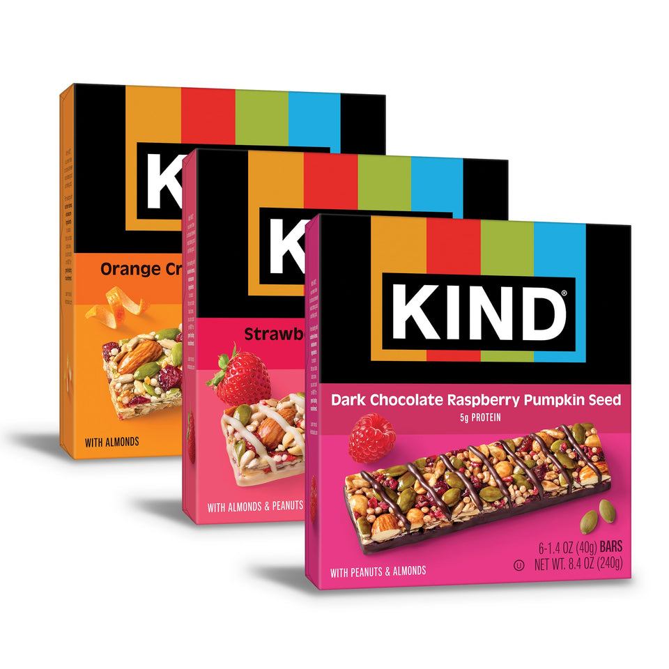 KIND 18-count variety pack box for pantry and on-the-go snacking.