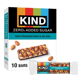 KIND ZERO Added Sugar Bars on packaging show dark chocolate with nuts and sea salt for satisfying snack.