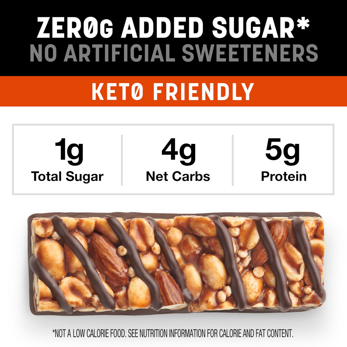 KIND Zero Added Sugar Bars texture close-up highlights crunchy almonds and creamy chocolate.