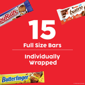 Kinder Bueno full-size bar on display with wafer texture and hazelnut cream.