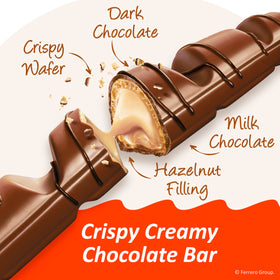 Milk chocolate with dark drizzle detail on Kinder Bueno, premium finish for gifting or gifting moments.