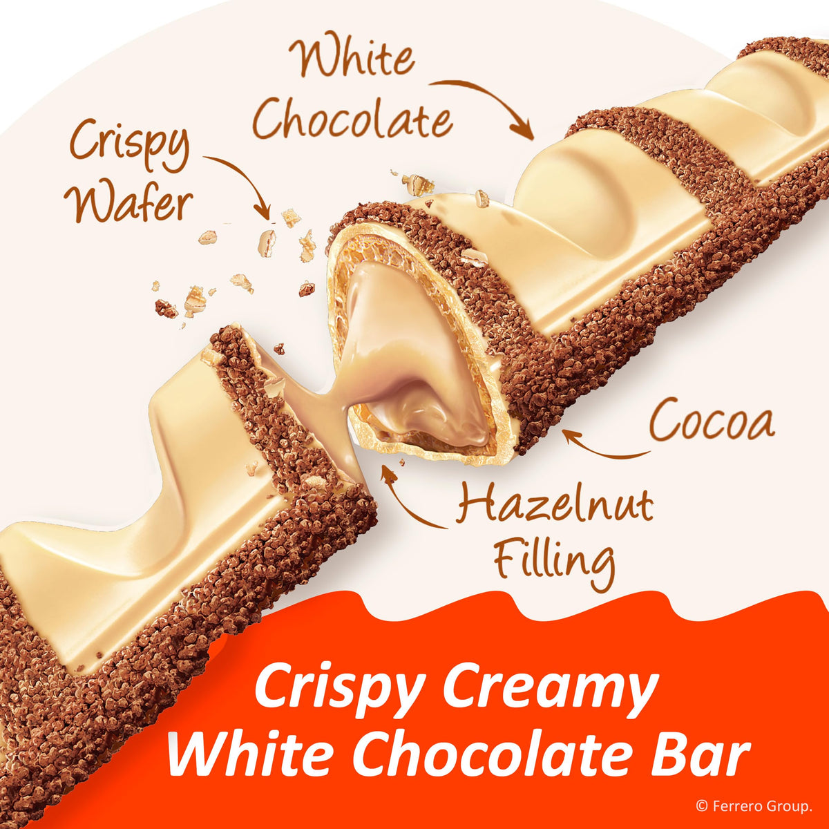 Creamy hazelnut center wrapped in white chocolate by Kinder Bueno, perfect for coffee breaks