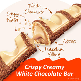 Creamy hazelnut center wrapped in white chocolate by Kinder Bueno, perfect for coffee breaks