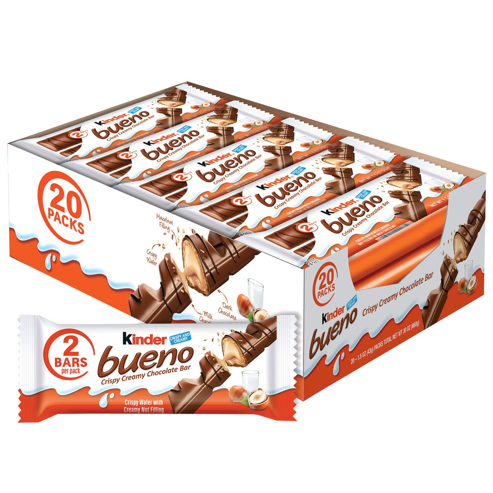 Kinder Bueno milk chocolate bars close-up showing convenient individual servings for on-the-go snacking.