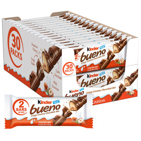 Kinder Bueno milk chocolate bars two-pack showing creamy hazelnut filling and wafer
