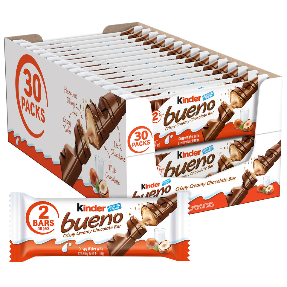 Kinder Bueno milk chocolate bars two-pack showing creamy hazelnut filling and wafer