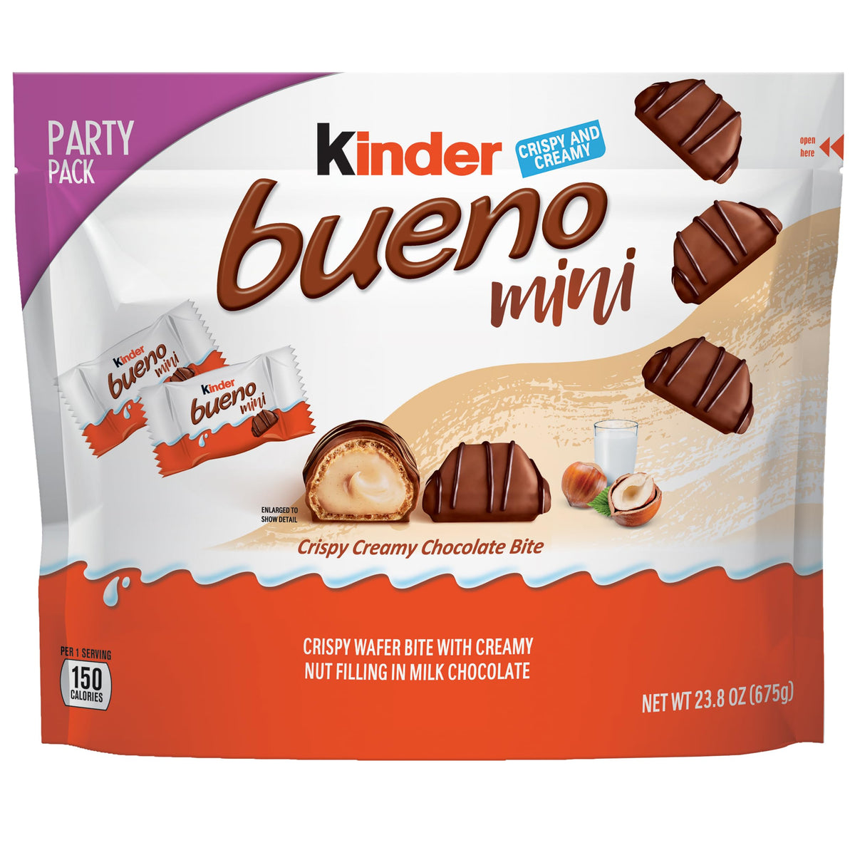 Kinder Bueno Mini chocolates with crispy wafer and hazelnut cream, ideal for party sharing.