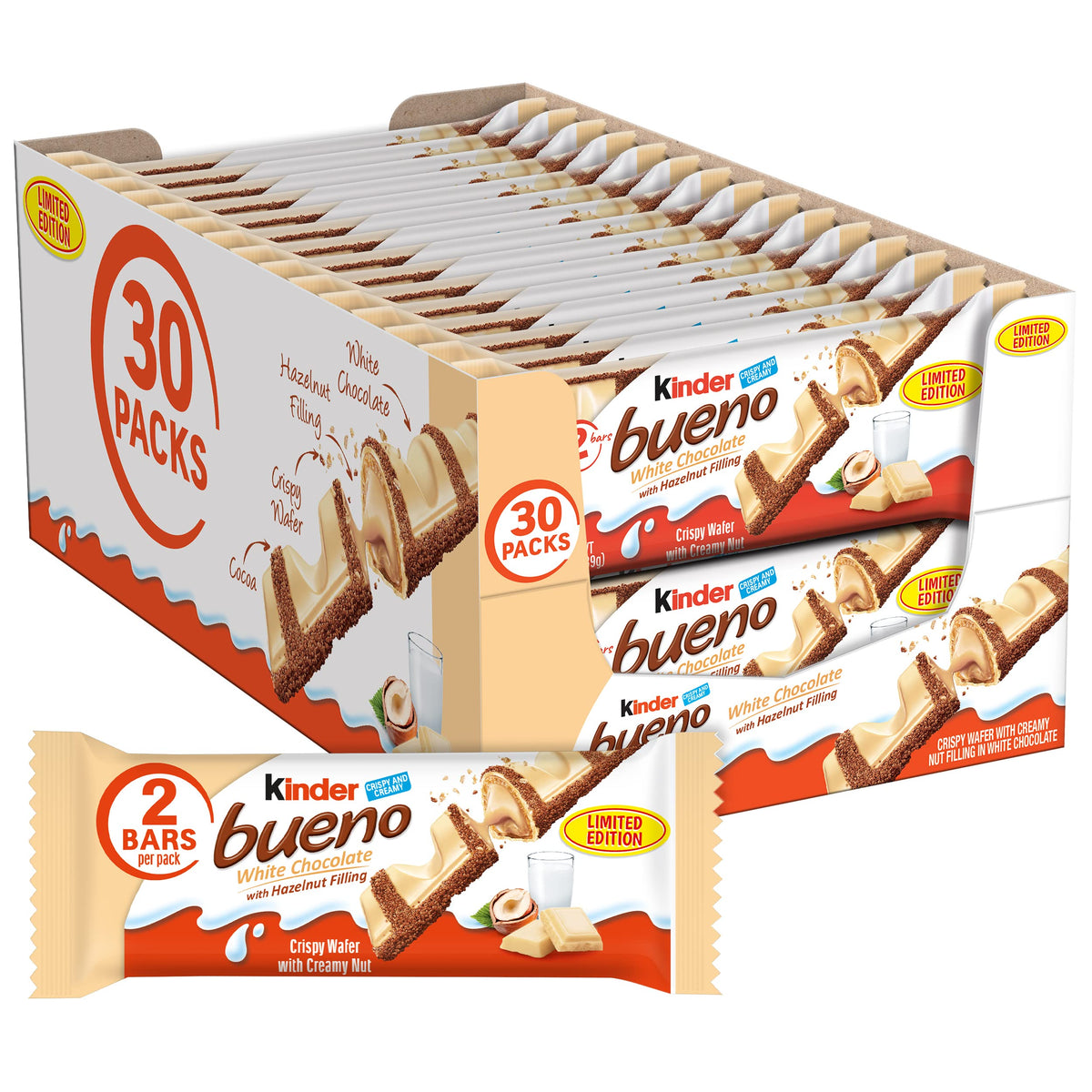 Kinder Bueno white chocolate bar with hazelnut filling and wafer, ideal for sharing