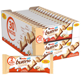 Kinder Bueno white chocolate bar with hazelnut filling and wafer, ideal for sharing