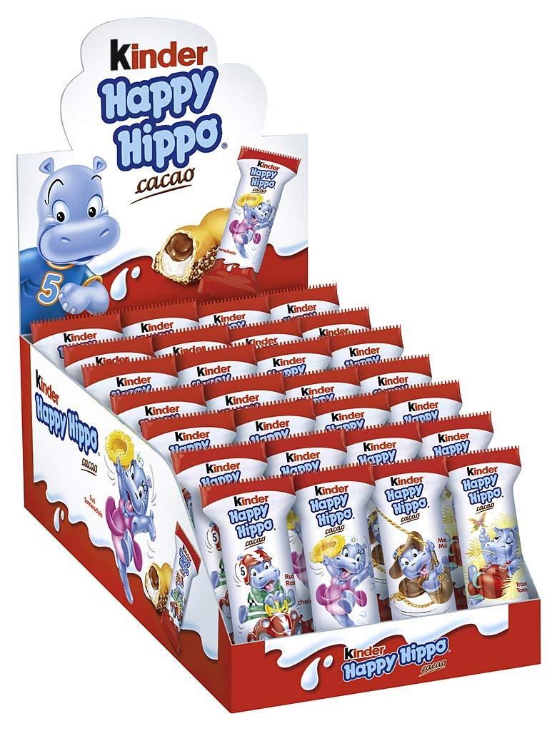 Kinder Happy Hippo Cacao bars packaging, 28-pack, ideal for gifting and sharing.