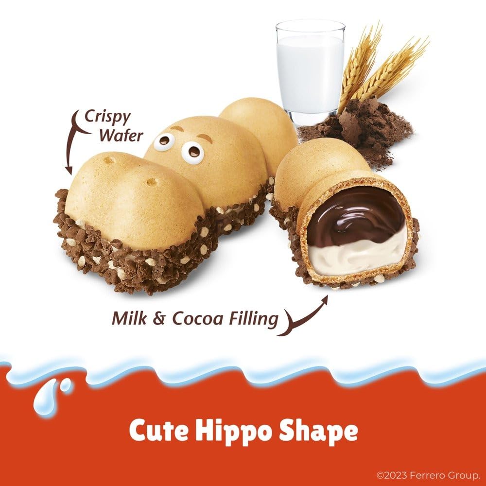 Kinder Happy Hippo Cocoa Biscuits bite-closeup captures creamy center and cocoa crunch