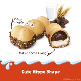 Kinder Happy Hippo Cocoa Biscuits bite-closeup captures creamy center and cocoa crunch