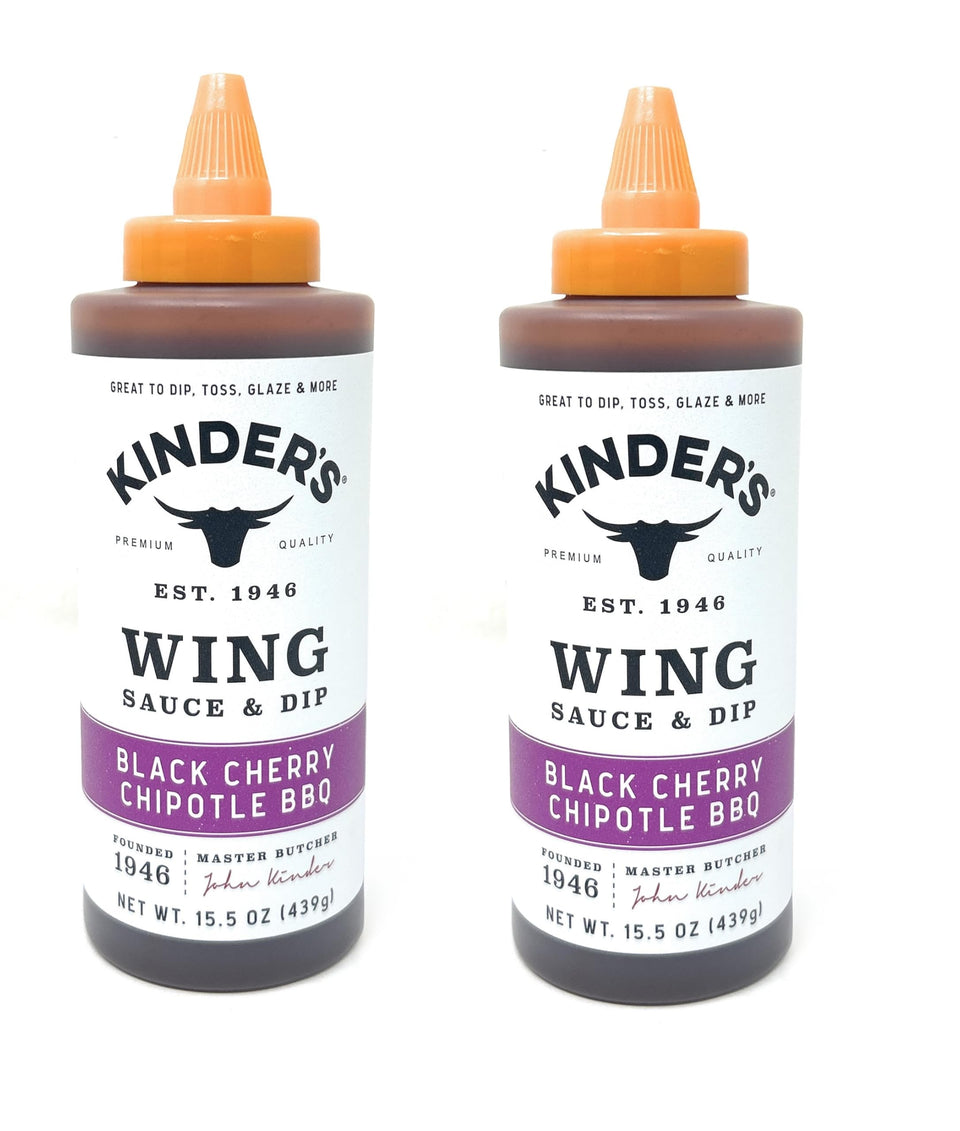 Kinder's Black Cherry Chipotle BBQ Wing Sauce bottle front view, perfect for wings and dips