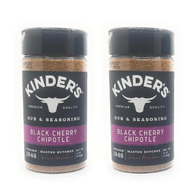 Kinder's Black Cherry Chipotle bottle showcases bold flavor for grilling.