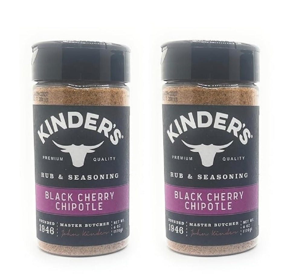 Kinder's Black Cherry Chipotle bottle showcases bold flavor for grilling.