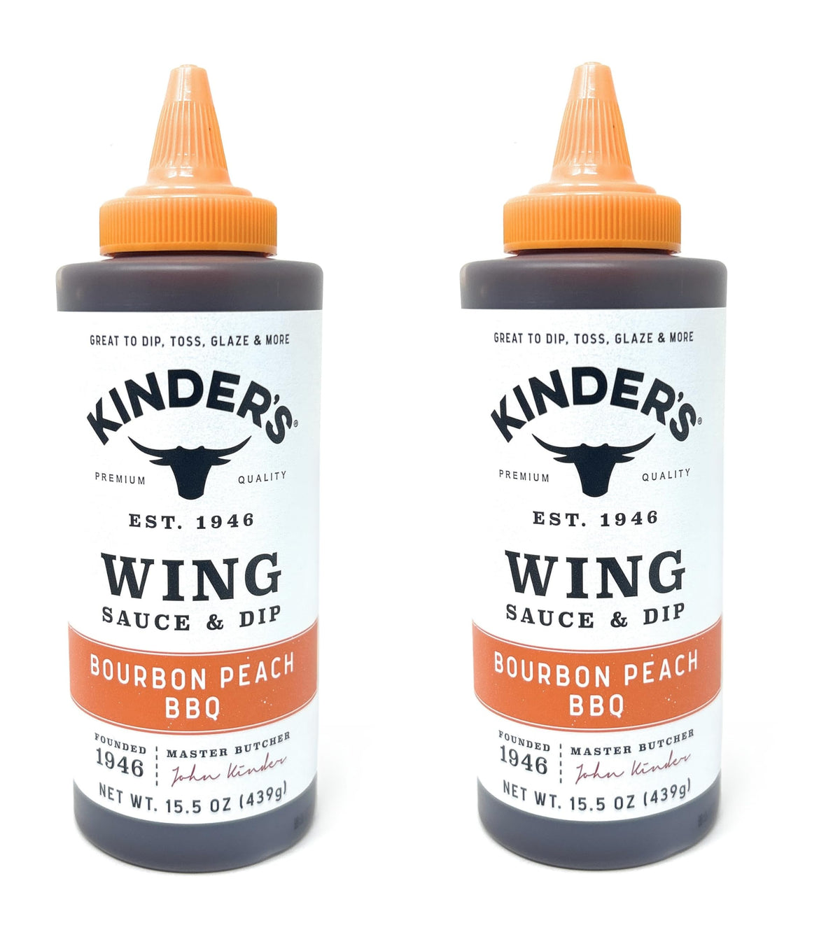 Kinder's Bourbon Peach BBQ Wing Sauce bottle front, perfect for wings and dipping