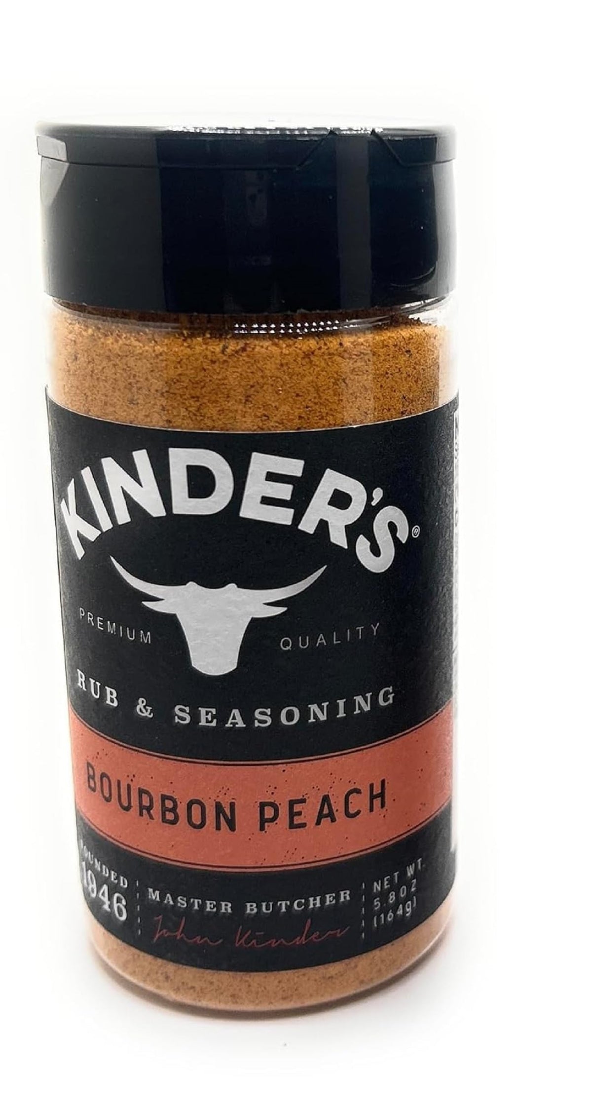 Kinder's Bourbon Peach rub bottle ready for grilling and flavor enhancement