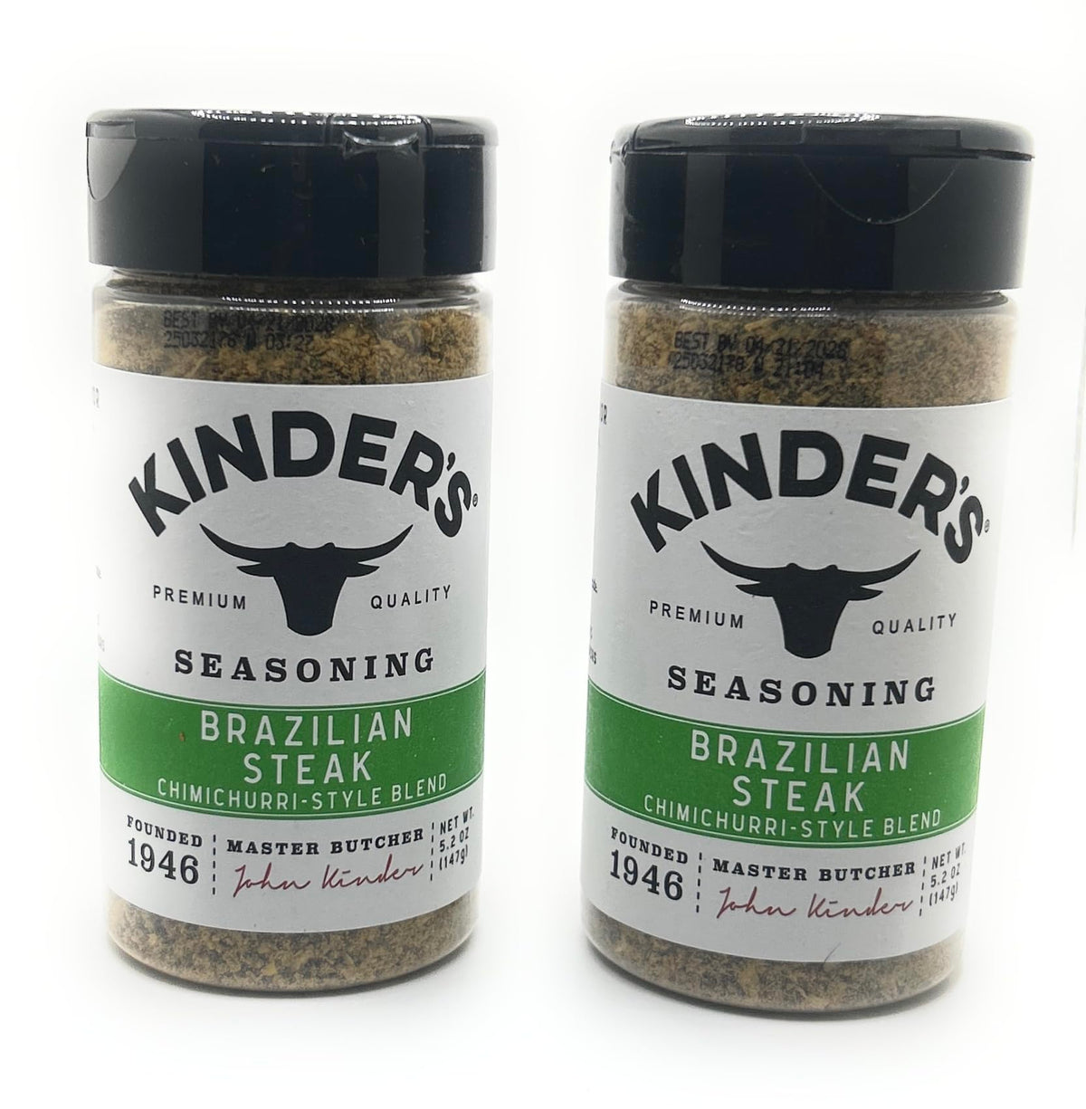 Kinders Brazilian Steak seasoning bottle close-up for grill-ready flavor