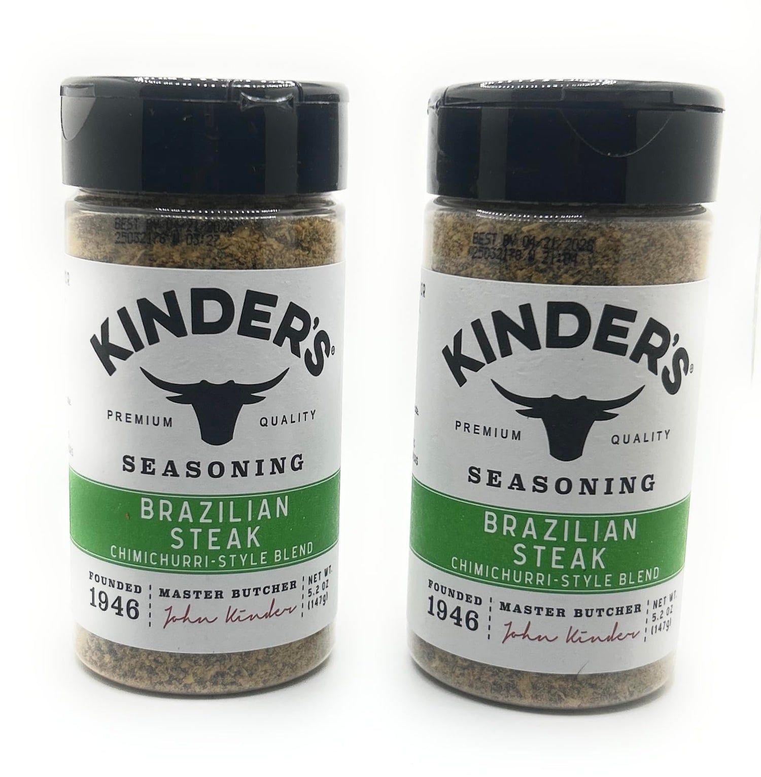 Kinders Brazilian Steak seasoning bottle close-up for grill-ready flavor