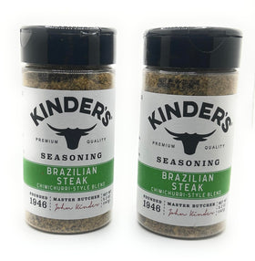 Kinders Brazilian Steak seasoning bottle close-up for grill-ready flavor