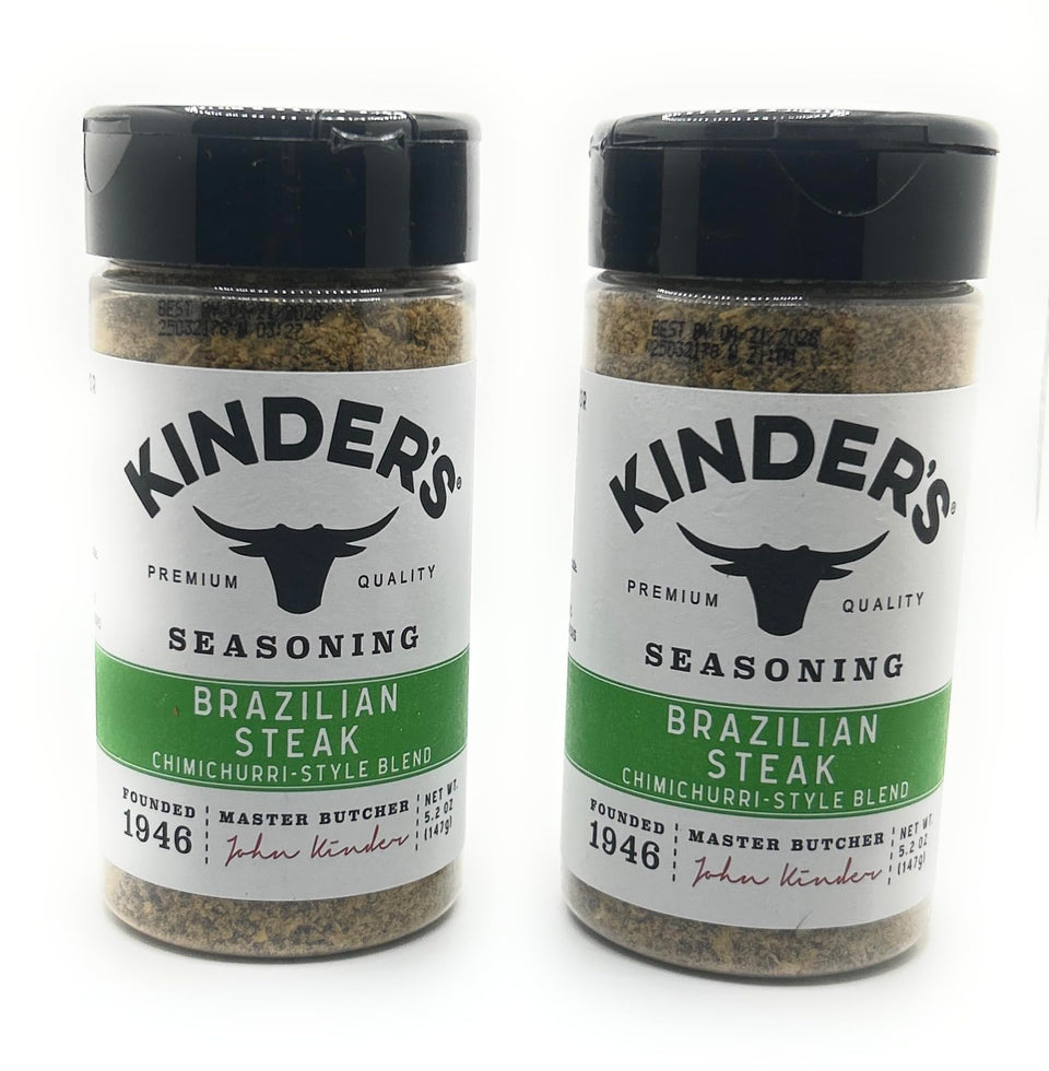 Kinders Brazilian Steak seasoning bottle close-up for grill-ready flavor