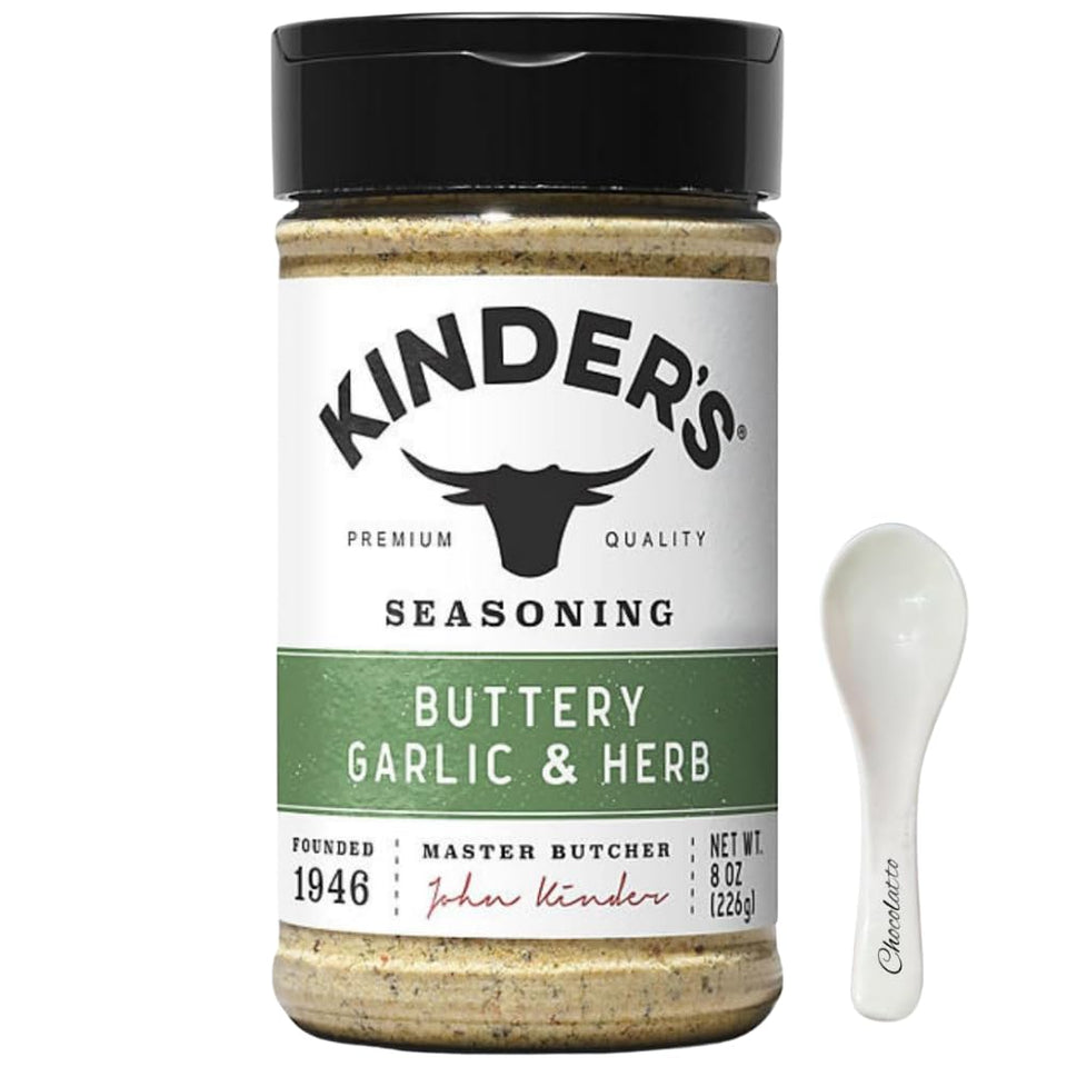Kinders buttery garlic herb seasoning bottle showing premium blend for rich meals