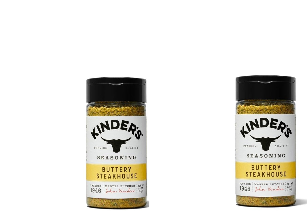 Kinder's Buttery Steakhouse seasoning bottle enhances grilling and roasting