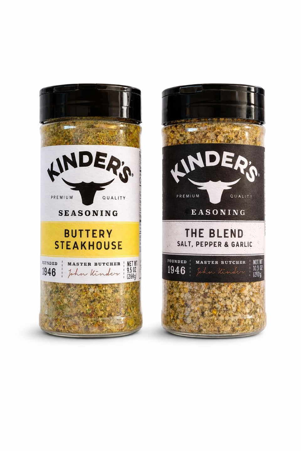 Kinders Buttery Steakhouse Rub jar enhances beef, chicken, fish, and vegetables with rich, peppery flavor.