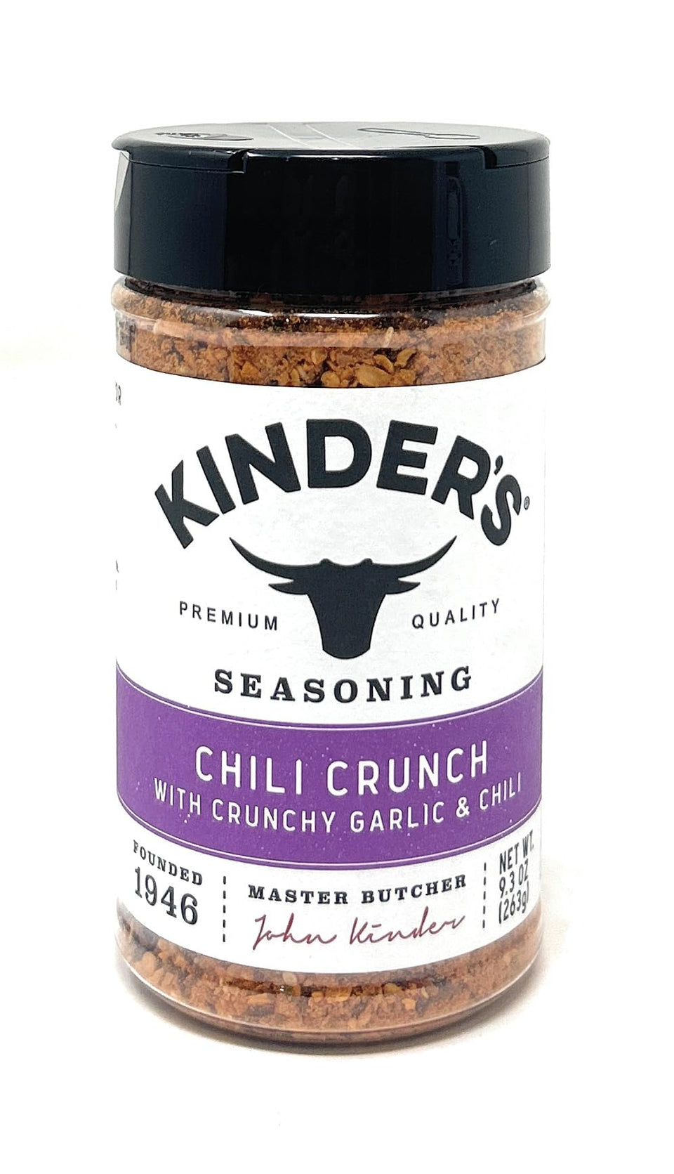Kinder's Chili Crunch bottle with dual lid for easy measuring, perfect on eggs.