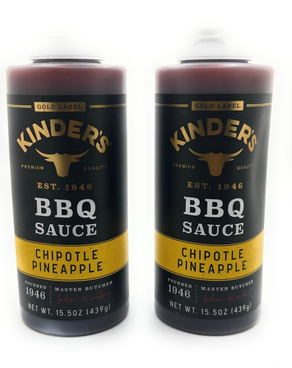 KINDERS chipotle pineapple BBQ bottle ready for grilling marinades.