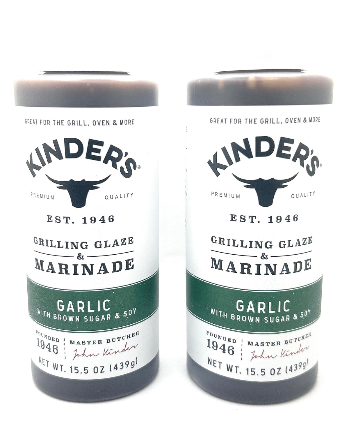 Kinder's Garlic Glaze bottle shown for a glossy, savory glaze on chicken and vegetables.