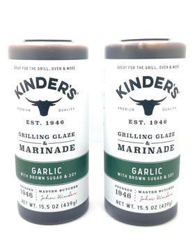 Kinder's Garlic Glaze bottle shown for a glossy, savory glaze on chicken and vegetables.
