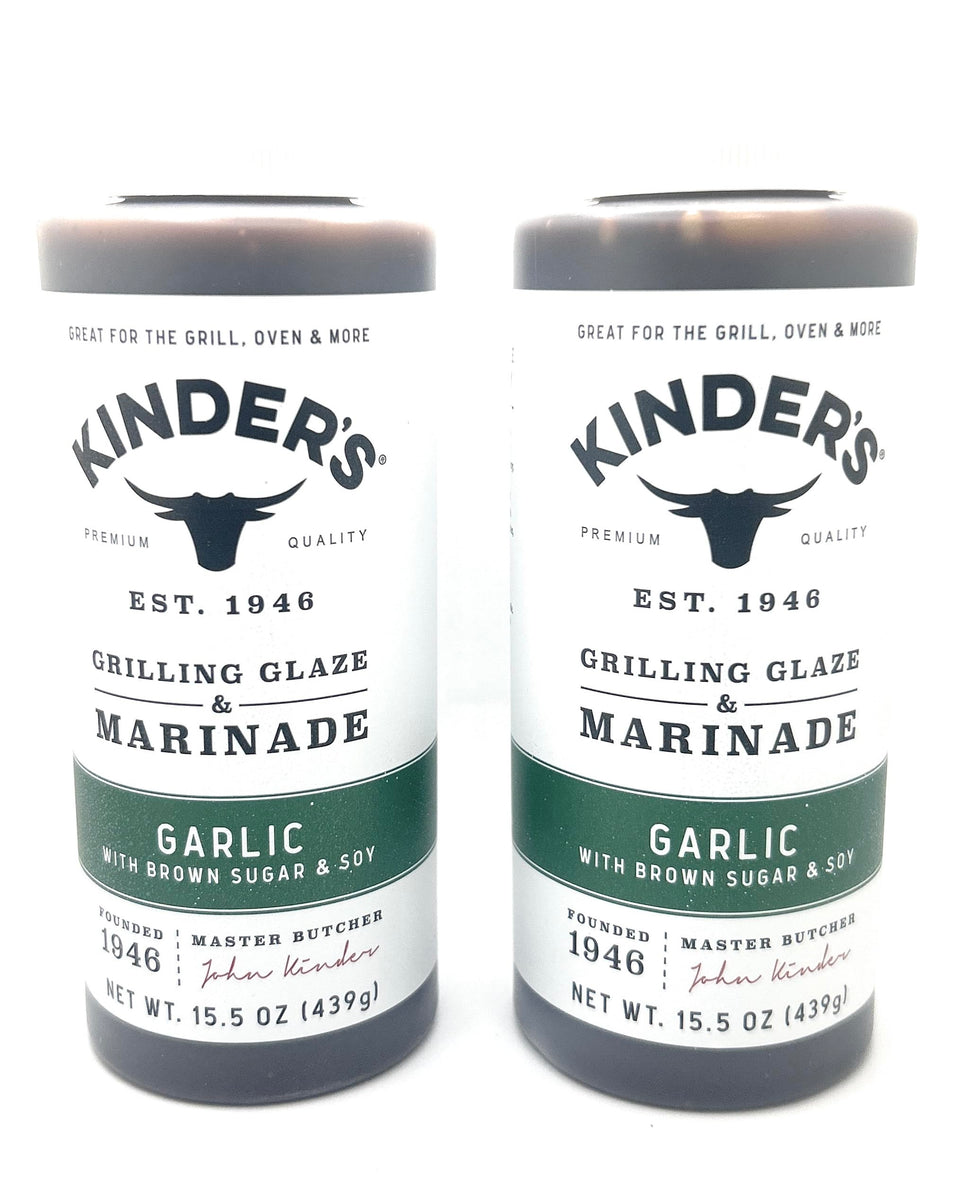 Kinder's Garlic Glaze bottle shown for a glossy, savory glaze on chicken and vegetables.