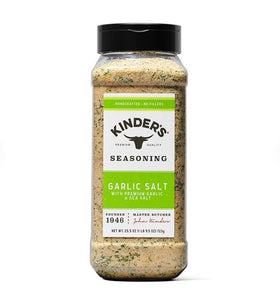 Kinder's Garlic Salt packaging closeup highlighting handcrafted sea salt and garlic blend.
