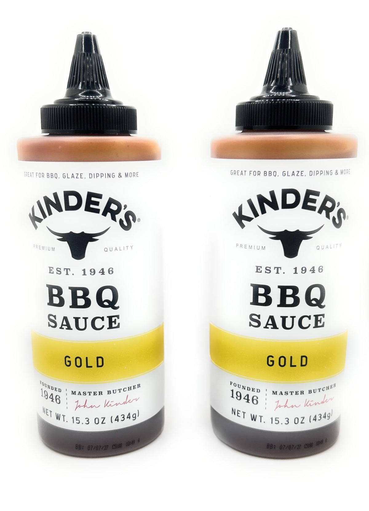Kinder's Gold BBQ bottle front view, perfect for grills and family-friendly marinades.
