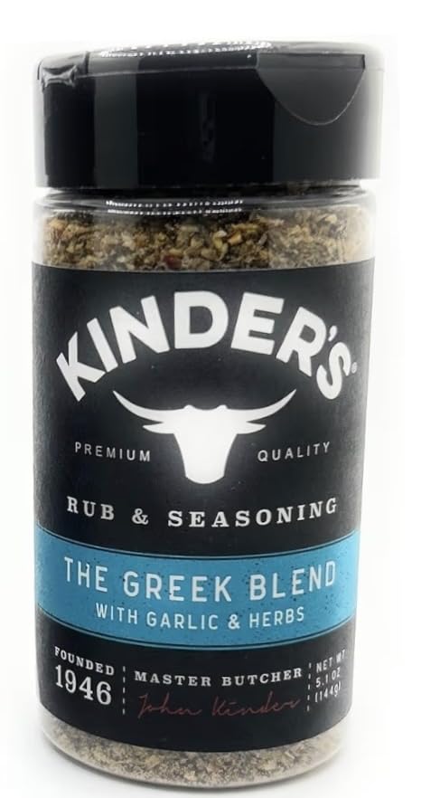 Kinder's Greek Blend bottle enhances grilled dishes with savory aroma
