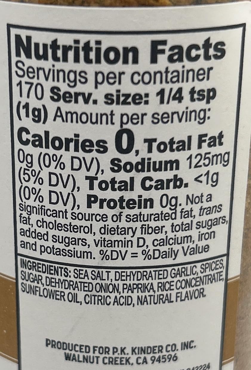 KINDER'S Grilled Chicken Seasoning bottle back view with clear nutrition info for informed use.