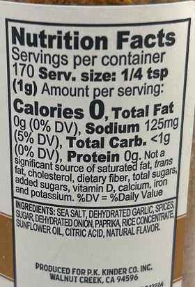 KINDER'S Grilled Chicken Seasoning bottle back view with clear nutrition info for informed use.