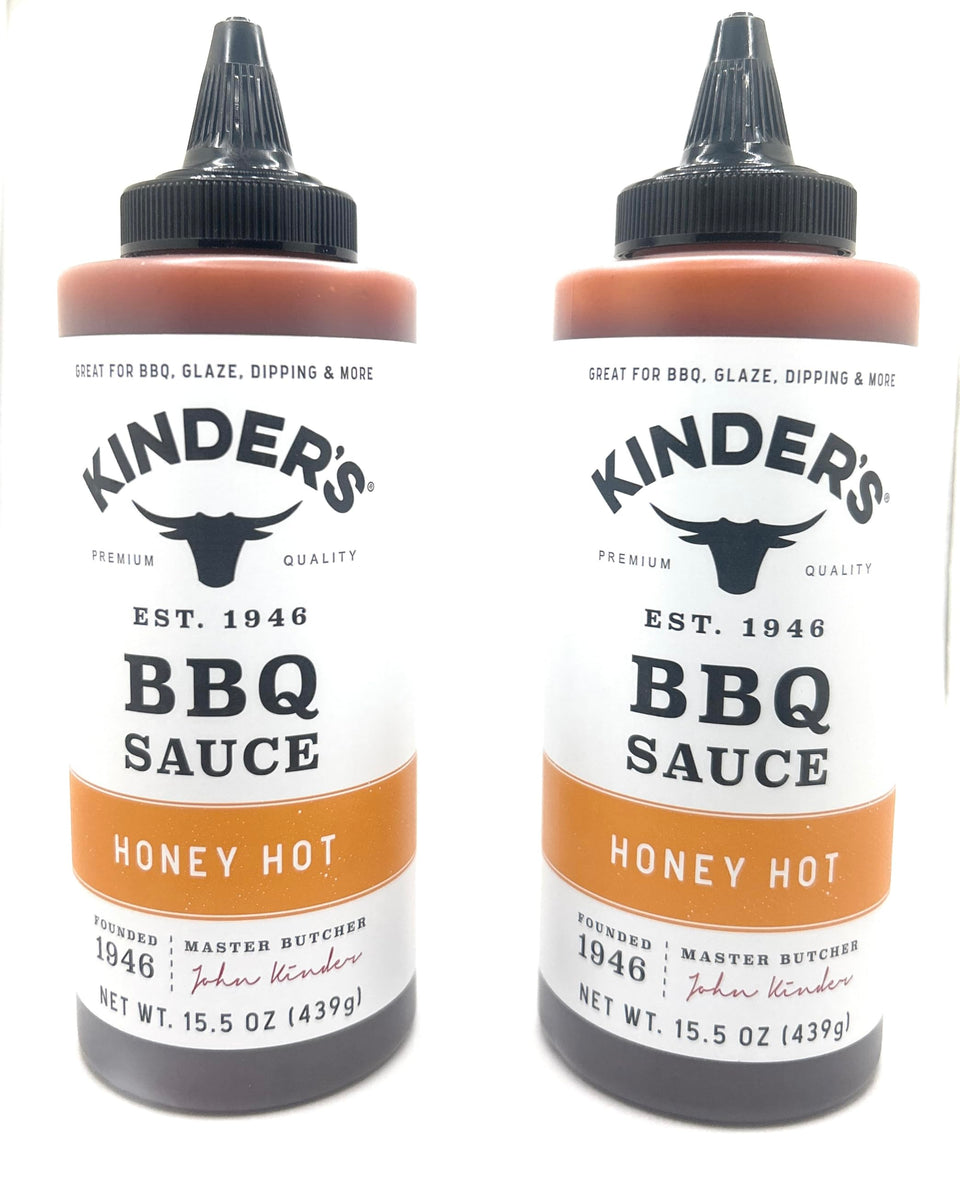 Kinder's Honey Hot BBQ bottle front view, ideal for bold grilled flavor.