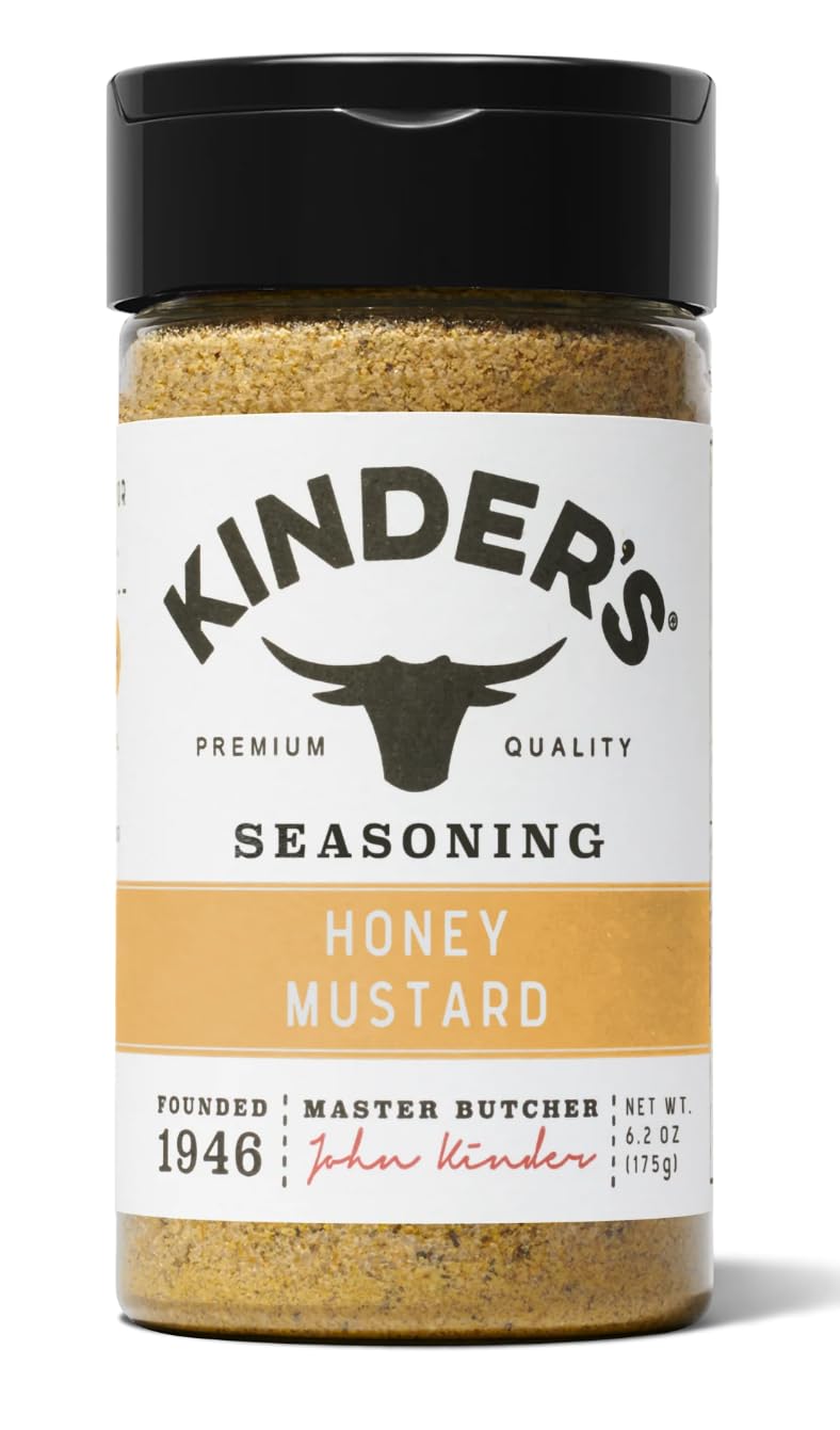 Kinder's honey mustard seasoning jar label highlights premium ingredients for flavorful roast chicken