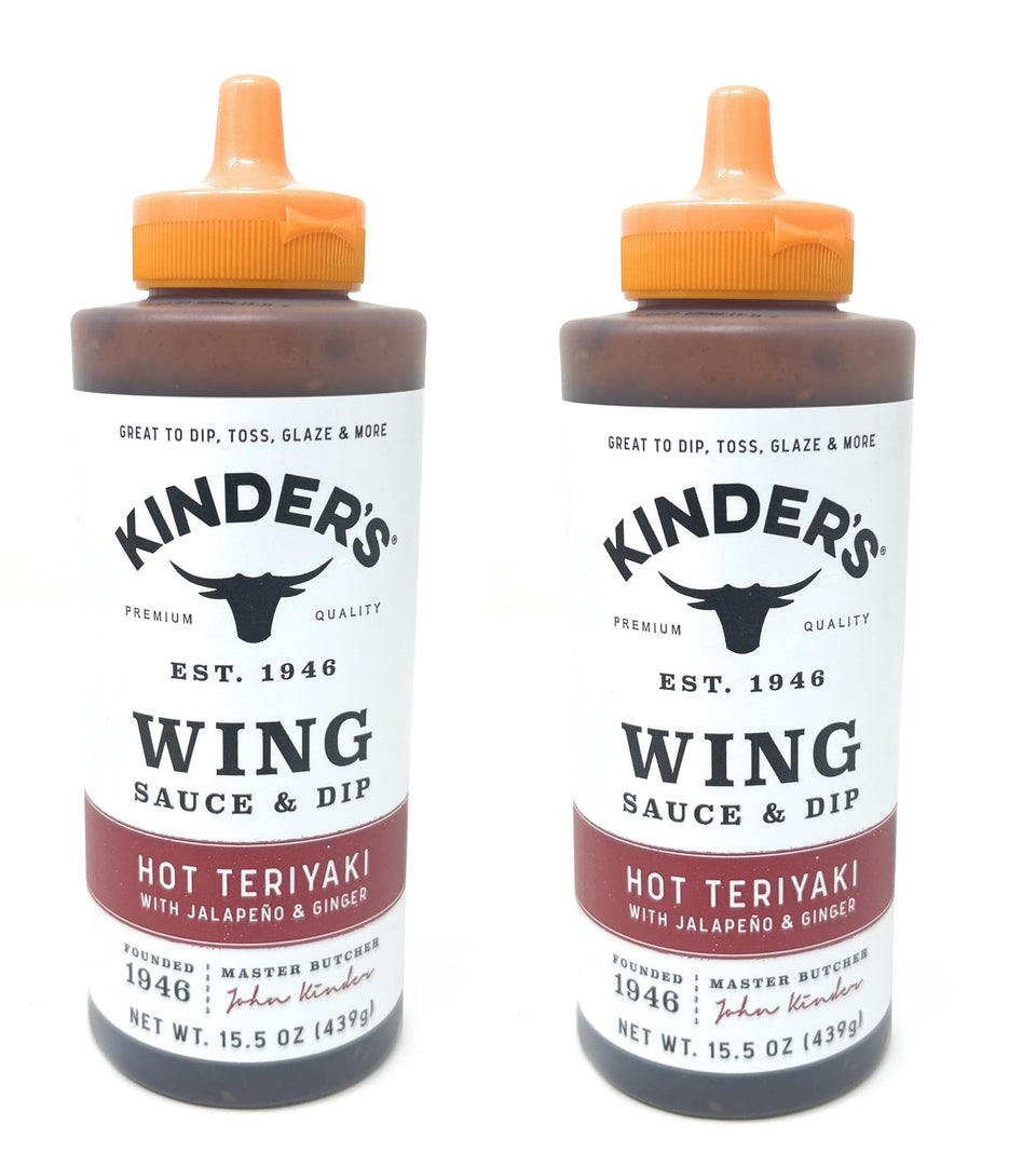 Kinder's Hot Teriyaki Wing Sauce bottle pour adds bold glaze to wings.