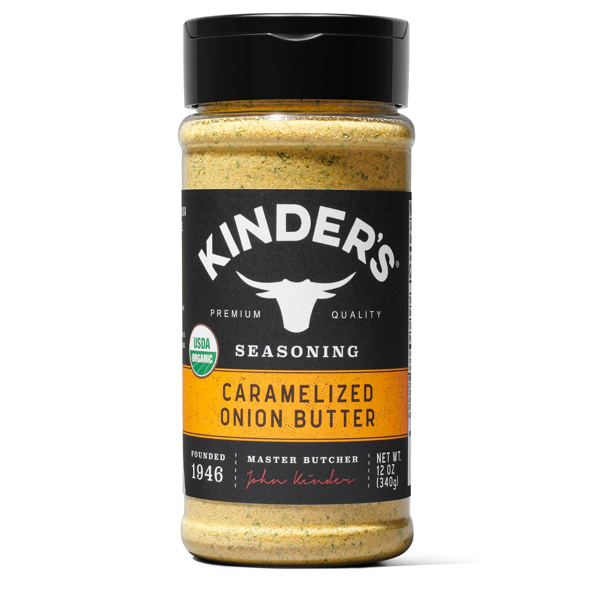 Kinders Organic Caramelized Onion Butter jar front, premium flavor for burgers and veggies
