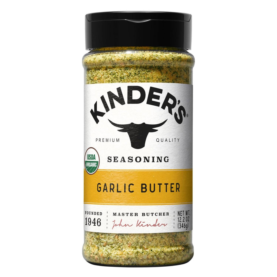 Kinder's Organic Garlic Butter Seasoning front label highlights USDA Organic quality