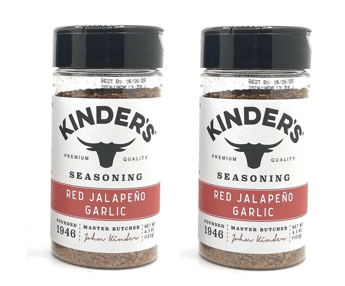 Kinder's Red Jalapeno Garlic seasoning bottle front view for grill-ready flavor