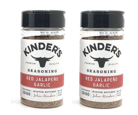 Kinder's Red Jalapeno Garlic seasoning bottle front view for grill-ready flavor