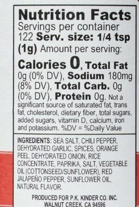 Kinder's Red Jalapeno Garlic seasoning bottle back view showing keto-friendly, non-GMO benefits
