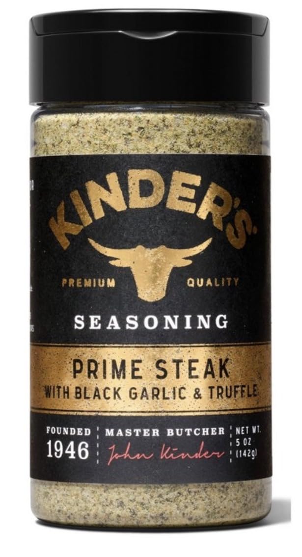 KINDER'S Rub Prime Steak packaging highlights premium seasoning for home grilling.