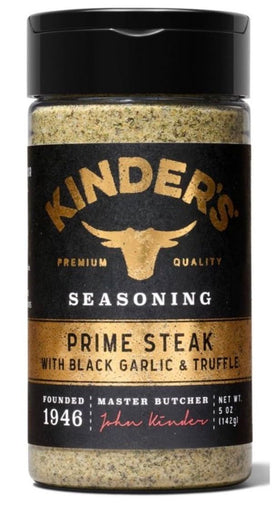 KINDER'S Rub Prime Steak packaging highlights premium seasoning for home grilling.