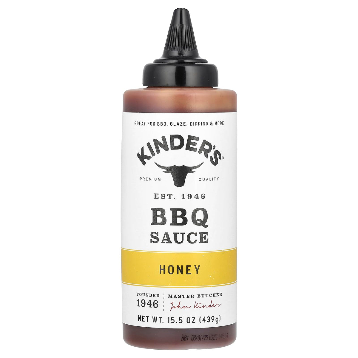 KINDER'S BBQ Honey SQZ bottle with a glossy glaze ready for grilling.